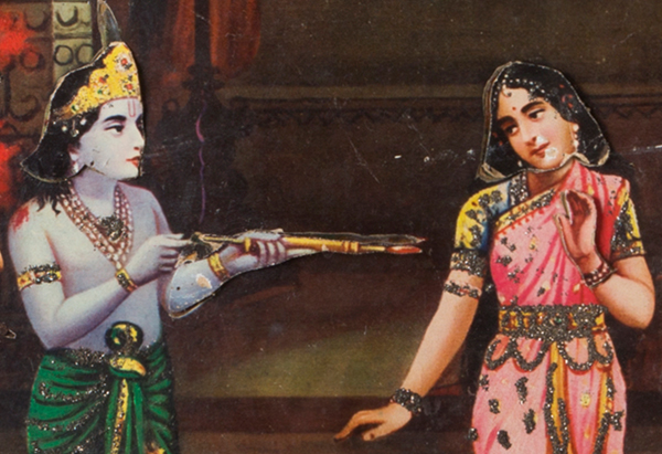 A pale blue skinned Krishna points a water gun towards a gopi as she refuses him with her hand gestures against a palatial background.